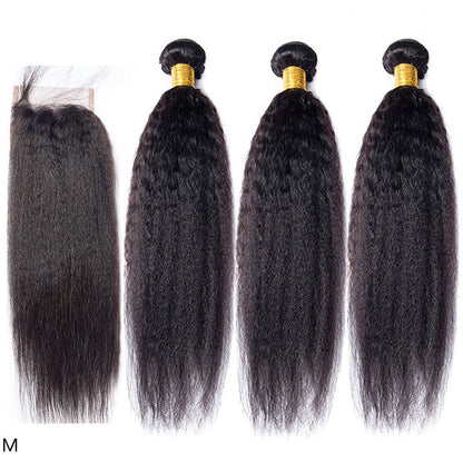 Ldjoy Kinky Straight 3 Pcs Bundles Hair Weft With 4x4 Lace Closure Natural Black Human Hair