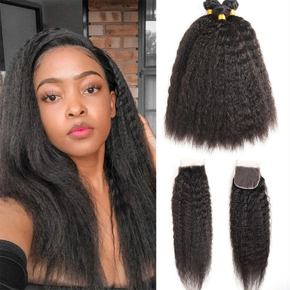 Ldjoy Kinky Straight 3 Pcs Bundles Hair Weft With 4x4 Lace Closure Natural Black Human Hair