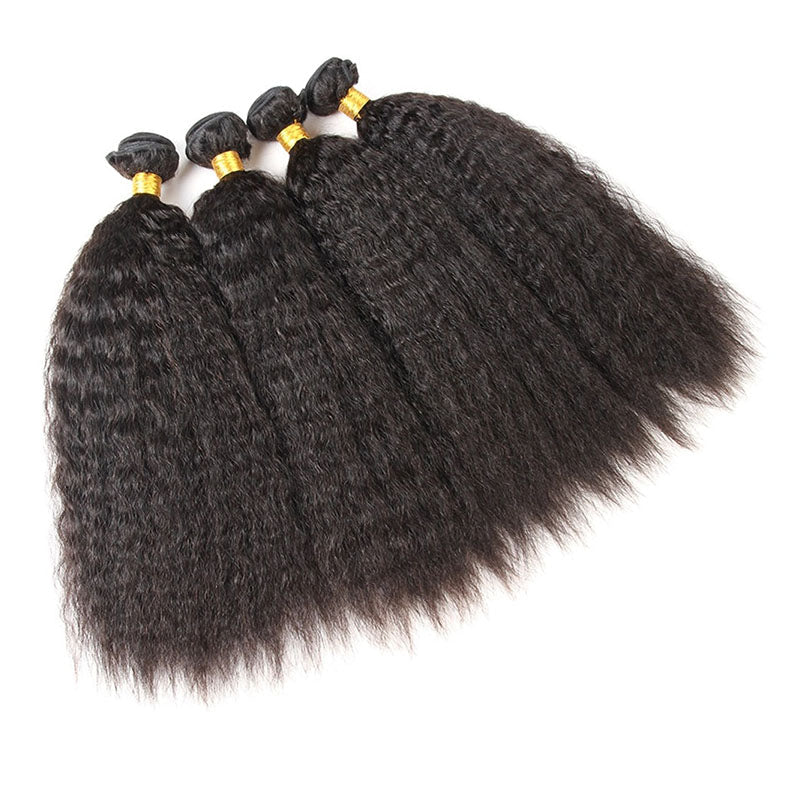 Ldjoy Kinky Straight 4 Pcs Bundles Hair Weft With 13x4 Lace Frontal Natural Black Human Hair