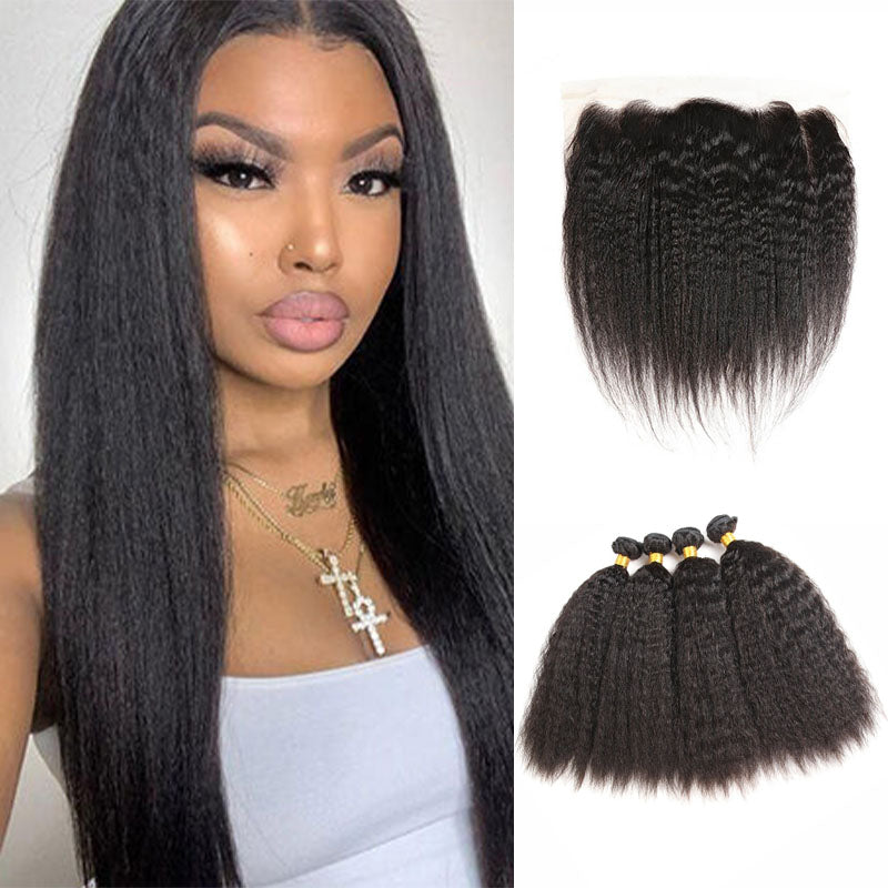Ldjoy Kinky Straight 4 Pcs Bundles Hair Weft With 13x4 Lace Frontal Natural Black Human Hair
