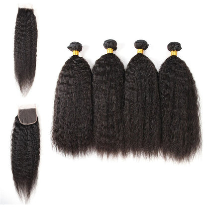 Ldjoy Kinky Straight 4 Pcs Bundles Hair Weft With 4x4 Lace Closure Natural Black Human Hair