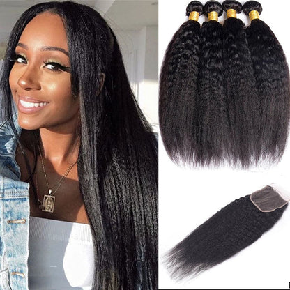 Ldjoy Kinky Straight 4 Pcs Bundles Hair Weft With 4x4 Lace Closure Natural Black Human Hair