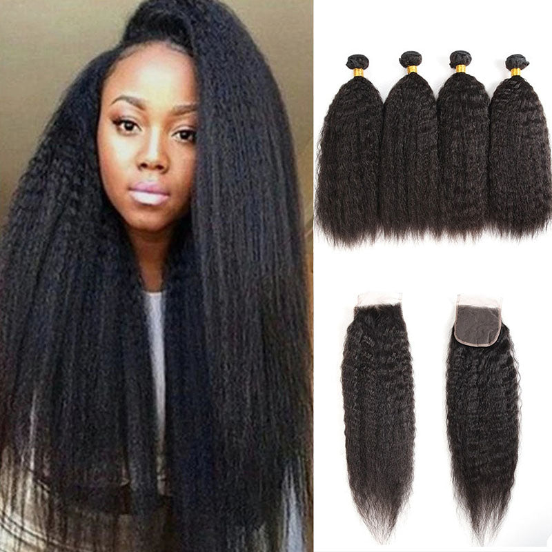 Ldjoy Kinky Straight 4 Pcs Bundles Hair Weft With 4x4 Lace Closure Natural Black Human Hair