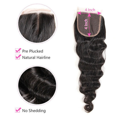Ldjoy Loose Deep Wave 1 Pcs 4x4 Lace Closure Natural Black Human Virgin Hair