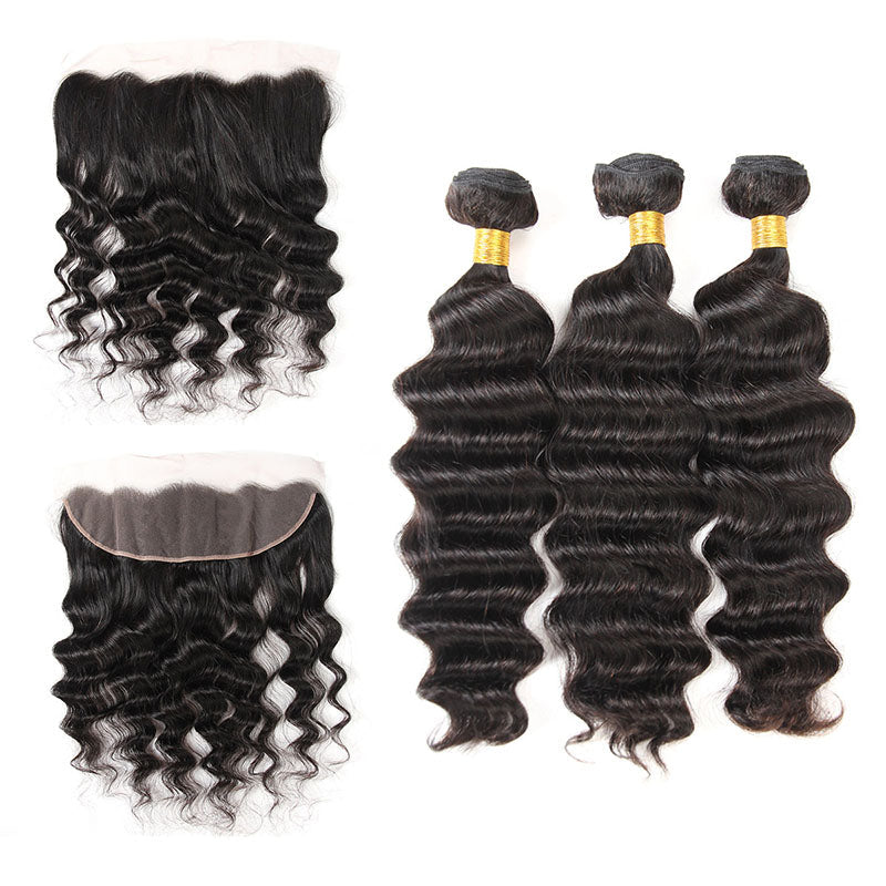 Ldjoy Loose Deep Wave 3 Pcs Bundles Hair Weft With 13x4 Lace Frontal Natural Black Human Virgin Hair