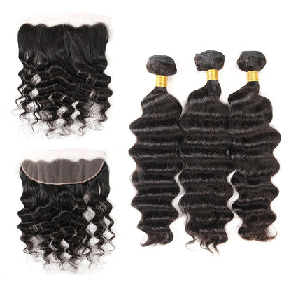 Ldjoy Loose Deep Wave 3 Pcs Bundles Hair Weft With 13x4 Lace Frontal Natural Black Human Virgin Hair