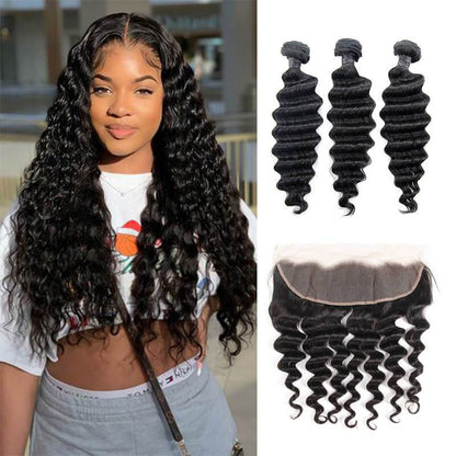 Ldjoy Loose Deep Wave 3 Pcs Bundles Hair Weft With 13x4 Lace Frontal Natural Black Human Virgin Hair