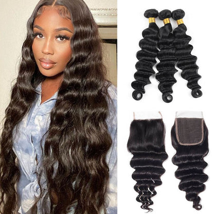 Ldjoy Loose Deep Wave 3 Pcs Bundles Hair Weft With 4x4 Lace Closure Natural Black Human Virgin Hair