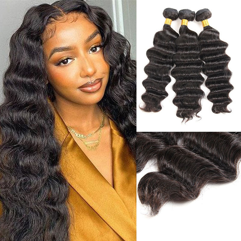 Ldjoy Loose Deep Wave 3 Pcs Bundles Natural Black Human Virgin Hair