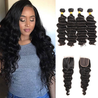 Ldjoy Loose Deep Wave 4 Pcs Bundles Hair Weft With 4x4 Lace Closure Natural Black Human Virgin Hair
