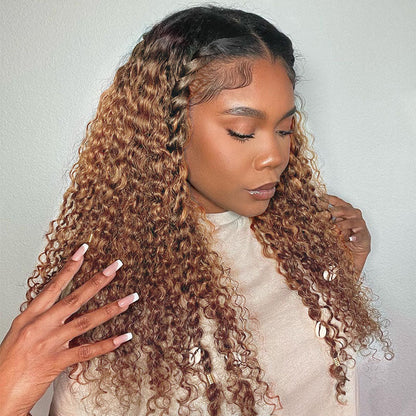 Ldjoy Ombre Brown Curly Brazilian Human Hair 4x4 Lace Closure Wig Pre plucked Baby Hair Wigs for Black Women 180% Density