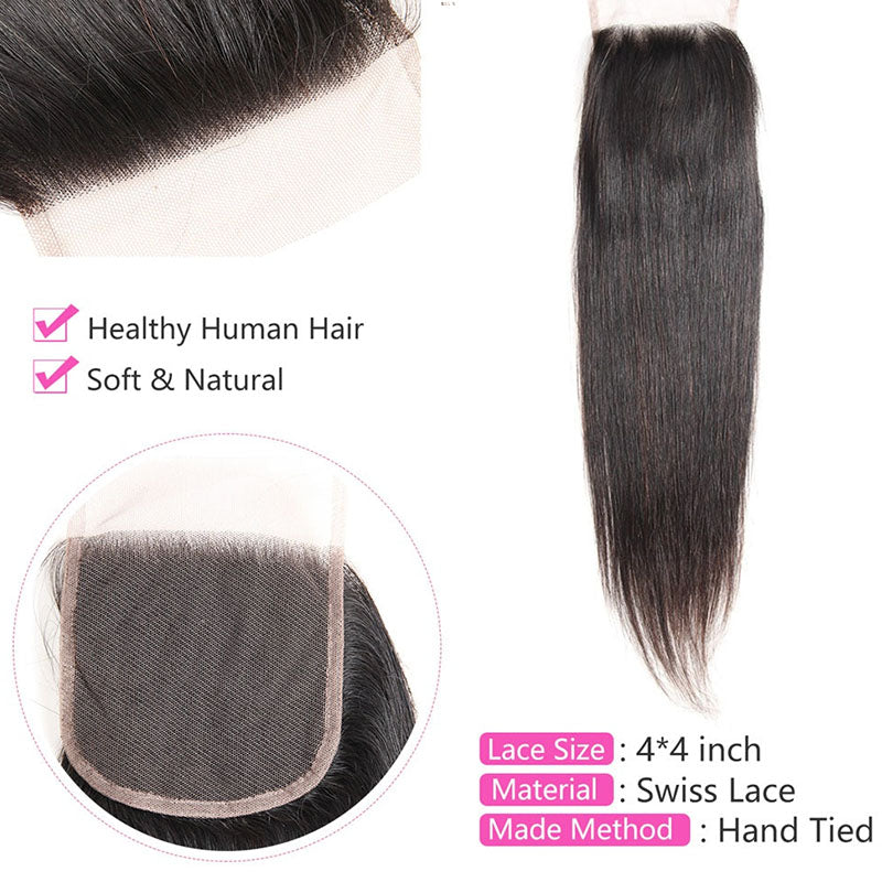 Ldjoy Straight 1 Pcs 4x4 Lace Closure Natural Black Human Virgin Hair