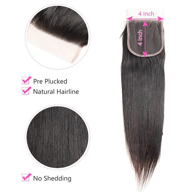 Ldjoy Straight 1 Pcs 4x4 Lace Closure Natural Black Human Virgin Hair
