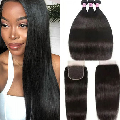 Ldjoy Straight 3 Pcs  Bundles Hair Weft With 4x4 Lace Closure Human Hair