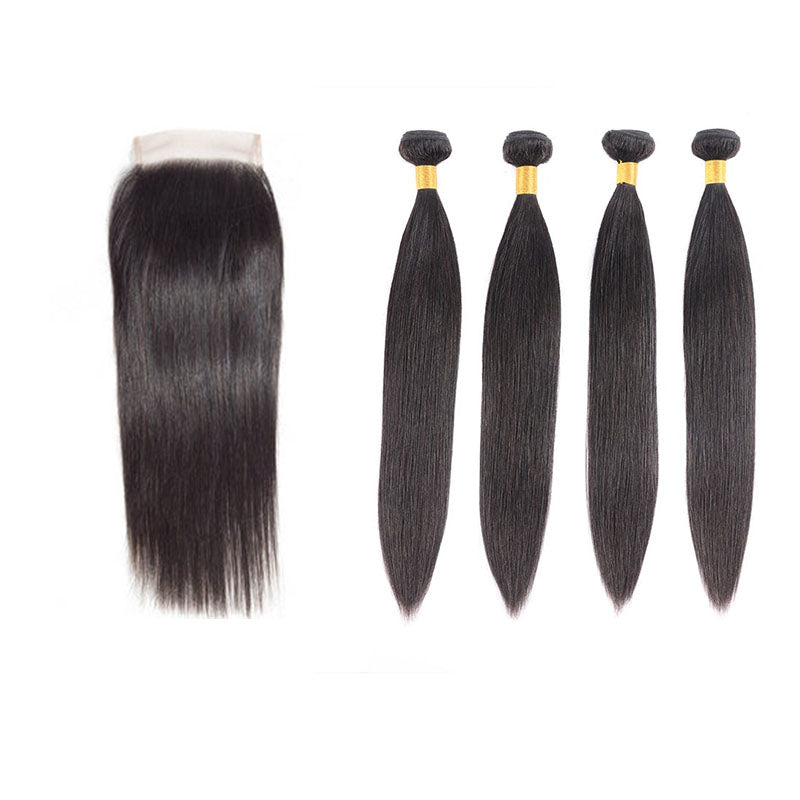 Ldjoy Straight 4 Pcs Bundles Hair Weft With 4x4 Lace Closure Human Hair