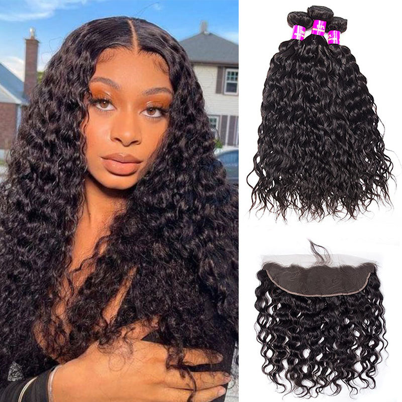 Ldjoy Water Wave 3 Bundles Hair Weft With 13x4 Lace Frontal Natural Black