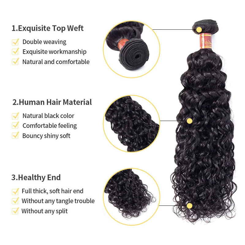 Ldjoy Water Wave 3 Bundles Hair Weft With 13x4 Lace Frontal Natural Black
