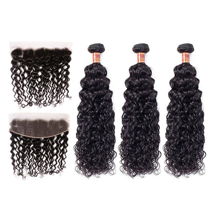 Ldjoy Water Wave 3 Bundles Hair Weft With 13x4 Lace Frontal Natural Black