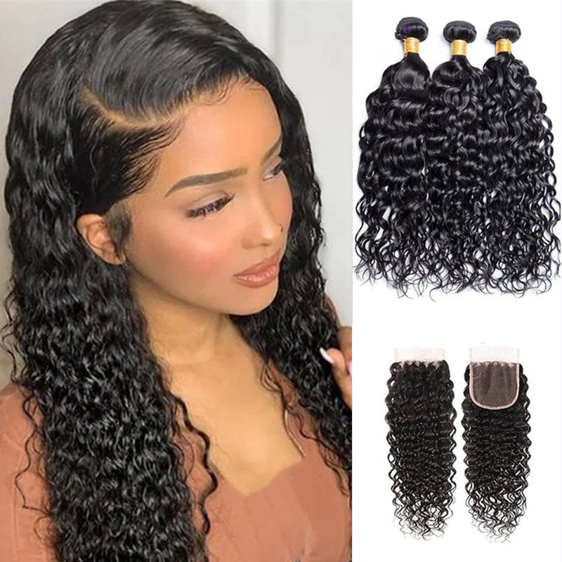 Ldjoy Water Wave 3 Bundles Hair Weft With 4x4 Lace Closure Natural Black