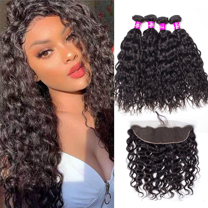 Ldjoy Water Wave 4 Bundles Hair Weft With 13x4 Lace Frontal Human Hair